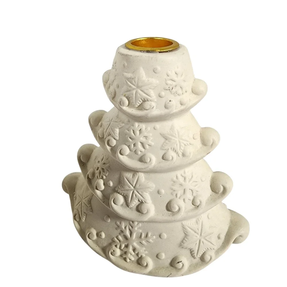 Vintage Set of 2‎ White Christmas Tree Ceramic Candlestick Holders Snowflake